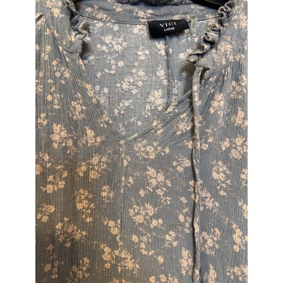 VICI Floral Print Long Sleeve Tunic Dress Womens Large Blue White Lightweight - Picture 6 of 7